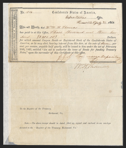 TN. Knoxville. $3,300. July 31, 1863. TN-22. Richmond Type II. No. 716 This VGF example has been silked over and attached to its corresponding Redemption Letter. Interesting to
note that Joe bought this from Dr. Ball in December, 1984