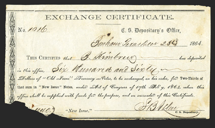 TX. Bonham. $660. December 23, 1864. TX-6. Houston Type 11, Exchange Certificate. No. 1016. Exchanging $660 in Old Issue Confederate notes resulted in receiving $440 in New
notes. VG, due to missing lower left corner and stainin