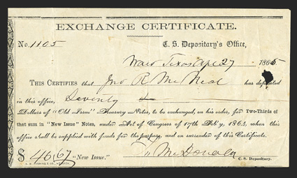 TX. Waco. $70. April 27, 1865. TX-100. Houston Type 13, Exchange Certificate. No. 1105. Mr. McNeal signed the back of the VGF example with a small hole at right
center.