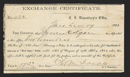 TX. Waco. $200. Dec. 19, 1864. TX-Unlisted. Houston Type 17, Exchange Certificate. No. 472. This is a discovery piece, and upon conferring with the authors of the IDR Book,
catalog number TX-102 has been assigned to this example. VGFine<
