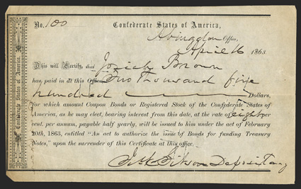 VA. Abingdon. $2,500. April 16, 1863. VA-4. Richmond Type I . No. 100. Plate IDR Form, page 388. Printed on thin white wove paper, and issued for 8% bonds.  Very Fine with
three cut cancels and trimmed corner tips at left.