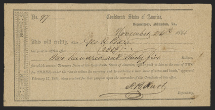 VA. Abingdon. $235. November 24, 1864. VA-24. Similar to Local Typeset 1 (VA-22). No. 97. Plate IDR Form, page 393. The typeset form was changed to meet the note exchange
provisions of this portion of the act. Depository, Abingdon, Va,