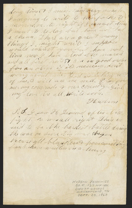 Chancellorsville: Union Soldiers Letter Exquisitely detailed ALS by Hudson Jennings of the 137th NY Infantry, 6 pages, 8vo, Acquia Landing, VA, May 9, 1863. To his sister, he
relates: Last week Monday [April 27] we broke camp. We