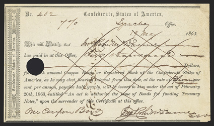 VA. Lynchburg. $2000. May 19, 1863. VA-70. Richmond Type 1. No. 402. IDR Plate Form, page 410.  Approximately 125 were issued of this type.  VF, hole cancelled, four pinholes.
From The Holger Dreher Collection