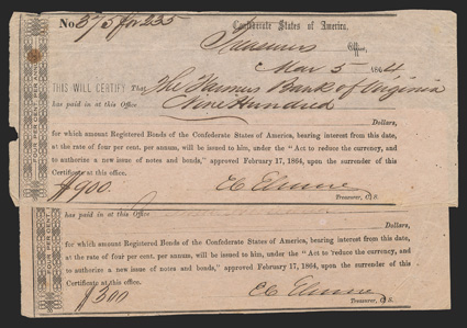 Pair of Virginia VA-172 IDRs: [2] 1) $900. March 5, 1864. VA-172. No. 375 for 235. Fine, small notch out at left 2) $300. March 5, 1864. VA-172. No. 215 for 235. VG-Fine. Both
are Richmond Type IIIAa. From The Holger Dreher Collectio