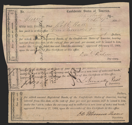 Trio of Mixed Virginia IDRs: [3] 1) Petersburg. $400. March 1, 1864. VA-127. No. 454. VG. 2) Richmond. $1000. March 31, 1864. VA-140. No. 1962. VG-F, with ink burn. 3)
Richmond. $200. April 29, 1864. VA-140. No. 6757. VG-F