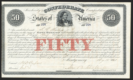 Act of February 28, 1861. $50. Cr. 1, B-10. No. 228. Howell Cobb, president of the Confederate Provisional Congress. Signed by Clitherall. Transfer certificate printed in red
on reverse, ABN. Left edge trimmed close to border, some toning at