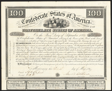 Act of February 28, 1861. $100. Cr. 6, B-4. No. 5435. As preceding. Signed by Clitherall. 19 coupons below. Fold and edge wear including nicks at edges, one tiny closed tear,
about VF. From The Holger Dreher Collection