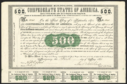 Act of February 28, 1861. $500. Cr. 7, B-6. No. 1340. As preceding, but signed by Clitherall. 13 coupons below. Folds, but sharp and VF. From The Holger Dreher
Collection