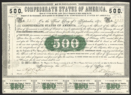 Act of February 28, 1861. $500. Cr. 7, B-6. No. 2233. As previous, but signed by Jones. 12 coupons below. Edges trimmed close to borders, fold wear, small holes beneath number
on right, tape stain left, Fine From The Holger Dreher Col