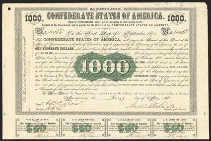 Act of February 28, 1861. $1000. Cr. 8, B-9. No. 4066. Arabic 1000 in green scroll medallion at center. Printed on thin red silk fiber paper. Signed by Clitherall. 19 coupons
below. Hole in upper right margin, overall toning, wear at uppe