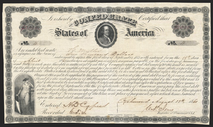 Act of February 28, 1861. $2000. Cr. 9, B-18. No. 4. Confederacy, left Benjamin Franklin in oval at center. Signed by Jones. Red transfer certificate on back. Folds, overall
toning, two spots of foxing, about VF. From The Holger Dr