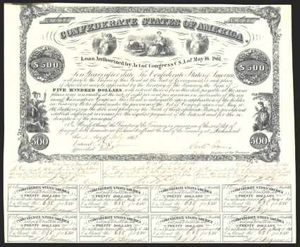 Act of May 16, 1861. $500. Cr. 12A, B-23. No. 638. Indian Prince, left Commerce, flanked by putti, center Indian Princess, right. Signed by Jones, with three handwritten
coupons under bond signed by Tyler. 14 coupons printed in ad
