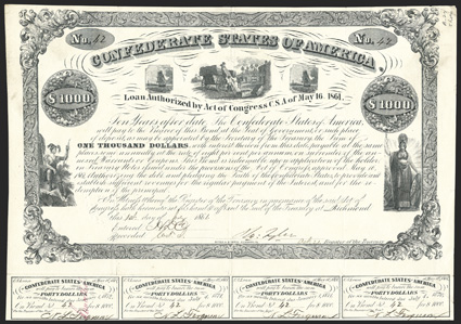 Act of May 16, 1861. $1000. Cr. 13, B-24. No. 42. Indian Prince, left men loading wagon, flanked by sailing ships Minerva, right. Signed by Tyler. 14 coupons below. Tape
repairs to fold splits on verso at top, edge wear and soiling, but a c