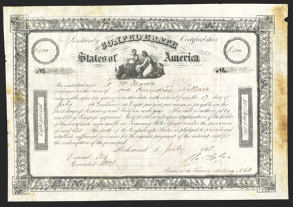 Act of May 16, 1861. $100. Cr. 14, B-27. No. 2058. Agriculture and Commerce with urn, center. Signed by Tyler. J. T. Paterson. Stains in margins, fold wear, small piece out
upper right, Fine. From The Holger Dreher Collection