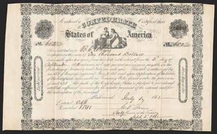 Act of May 16, 1861. $1000. Cr. 15, B-26. No. 652. Agriculture and Commerce with urn, center. Signed by Jones. Hoyer & Ludwig. Trimmed to borders at top and bottom, folds,
overall toning, but about VF. From The Holger Dreher Collectio