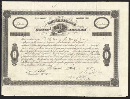 Act of May 16, 1861. $7000. Cr. 16, B-28. No. 3327. Science - male figure reclining on his elbow with charts and globe around him. Signed by Tyler. Evans & Cogswell. Overall
toning, folds, edge wear, about VF. From The Holger Dreh
