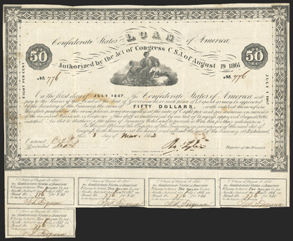 Act of August 19, 1861. $50. Cr. 17. Criswell Plate Bond. B-45. No. 776. Commerce, Ceres & Navigation, center. Signed by Tyler. 5 coupons below. Hoyer & Ludwig. Ink blot and
toning blotches on face, fold and edge wear, but VF. <
