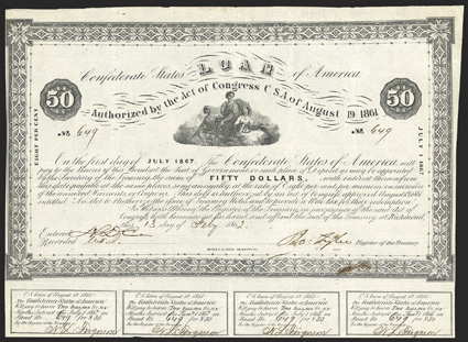 Act of August 19, 1861. $50. Cr. 17, B-45. No. 649. Commerce, Ceres & Navigation, top center. Signed by Tyler. 5 coupons below. Fold and edge wear, edges trimmed close, right
edge uneven, ink stain in lower margin, a very strong Fine. <