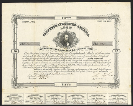 Act of August 19, 1861. $50. Cr. 20, B-87. No. 525. As previous, signed by Tyler. 20 coupons below. B. Duncan. Folds, toning, soiling and toning in margins, about VF. From The
Holger Dreher Collection