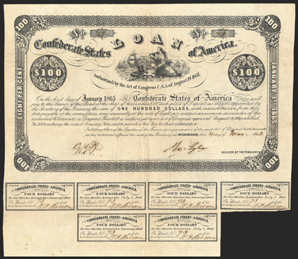 Act of August 19, 1861. $100. Cr. 23, B-33. No. 73. Due Jan. 1, 1865. Similar to previous, but without Entered and Recorded printed for signatures at left. Signed by Tyler. 6
coupons below. Overall toning, folds, VF. From The