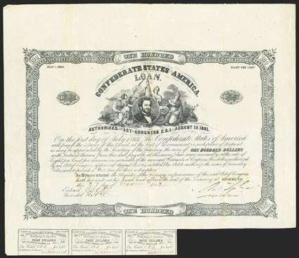 Act of August 19, 1861. $100. Cr. 25, B-39. No. 22. As previous, but signed by Tyler. 3 coupons below. Foxing, fold wear, stamped No. 37 on verso, about VF. From The Holger
Dreher Collection