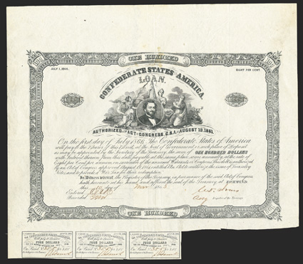 Act of August 19, 1861. $100. Cr. 25, B-39. No. 355. Judah P. Benjamin, center, surrounded by three allegorical females. Signed by Jones. 3 coupons underneath. Light
discoloration near vertical fold, some creases, about VF.