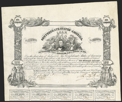 Act of August 19, 1861. $100. Cr. 30, B-57. No. 694. Thomas Watts surrounded by three females, possibly two are Law and Justice, according to Dr. Ball. Signed by Tyler. 15
coupons below, one missing. Folds, light edge wear, very light foxing,