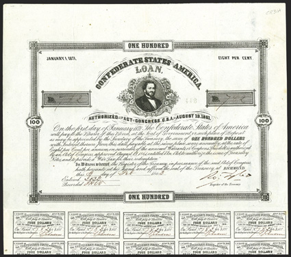 Act of August 19, 1861. $100. Cr. 31A, B-64. No. 782. No imprint. As previous. Signed by Tyler. 12 coupons below. Stamped 811 on verso with some show-through, folds, VF+. From
The Holger Dreher Collection