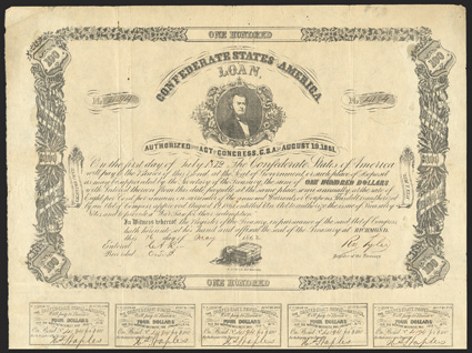 Act of August 19, 1861. $100. Cr. X-34, B-C73. No. 4194. Stephen R. Mallory, center top dog and chest, center bottom. Forged Tyler signature. Note white dot above Mallorys
right shoulder in field of top center vignette. 16 coupons present bel