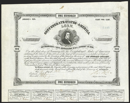 Act of August 19, 1861. $100. Cr. 35, B-76. No. 534. R.M.T. Hunter. Blue stamped 5141 at upper right. Signed by Tyler. 20 coupons below. Soiling in margin, very light foxing,
sharp VF. From The Holger Dreher Collection