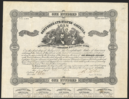 Act of August 19, 1861. $100. Cr. 36, B-80. No. 811. J. H. Reagan surrounded by three female allegoricals. Signed by Tyler. 17 coupons below. Overall light toning, folds,
foxing at coupons, VF. From The Holger Dreher Collection