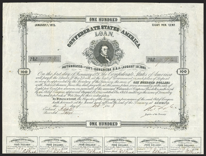 Act of August 19, 1861. $100. Cr. 38, B-89. No. 794. As previous. This Criswell example features blue-black ink. Signed by Tyler. 20 coupons below. Toned at folds, very light
foxing, VF. From The Holger Dreher Collection