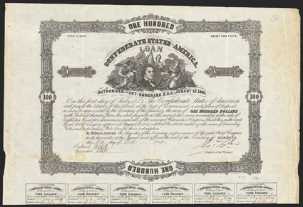 Act of August 19, 1861. $100. Cr. 39, B-92. No. 1362. R.M.T. Hunter, surrounded by three allegorical females. Signed by Tyler. 21 coupons below. B. Duncan. Dutch handstamp on
verso. Edge and fold wear, with discolorations along folds, VF<