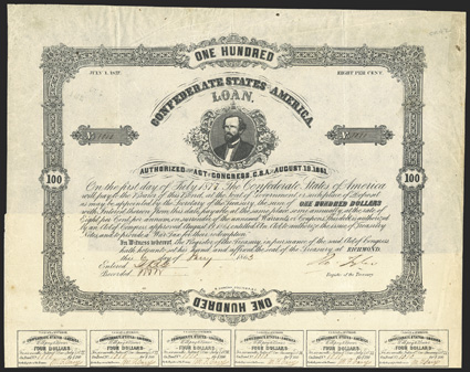 Act of August 19, 1861. $100. Cr. 42, B-107. No. 1010. Portrait of George W. Randolph. Signed by Tyler. 25 coupons below. Fold and edge wear, toning especially at edges, about
VF. From The Holger Dreher Collection