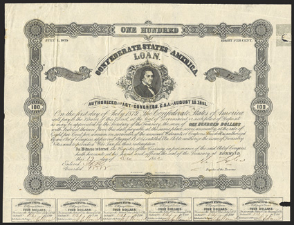 Act of August 19, 1861. $100. Cr. 45, B-119. No. 812. R.M.T. Hunter. Signed by Tyler. Only one coupon missing, and last one is canceled in red ink. Small piece out at right
edge repaired with tape, small tear out along coupon fold, fold and e