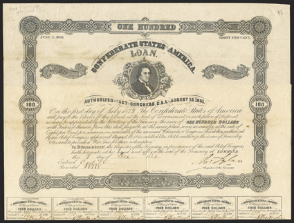Act of August 19, 1861. $100. Cr. 45, B-119. No. 370. As previous. All coupons present and complete. Signed by Tyler. B. Duncan. Imprint Lafon at bottom. Toned, some
discoloration along a fold, a few spots, but VF. From The Holger