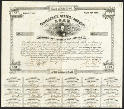 Act of August 19, 1861. $100.  Cr. 46, B-122. No. 218, T. Bragg. Signed by Tyler. 30 coupons. Minor wear at edges, folds, toning, about VF+.