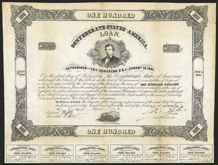 Act of August 19, 1861. $100. Cr. 48, B-133. No. 152. Edward C. Elmore portrait. Dog with safe and key, bottom. Signed by Tyler. 33 coupons below. Toned along folds and edges,
light edge wear, VF. From The Holger Dreher Collection