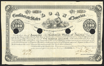 Act of August 19, 1861. $500.  Cr. 50, B-34. No. 183.  Signed by Tyler. No coupons. Four large cancellation holes. Toned, bottom and right edges unevenly trimmed, but a very
sharp and clear impression, VF.