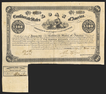 Act of August 19, 1861. $500. Cr. 50, B-34. No. 171. Due January 1, 1865. Similar to previous. Signed by Tyler. 1 coupon present below. Evans & Cogswell. Folds, overall toning,
light foxing in margins, about VF. From The Holger Dreher