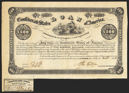 Act of August 19, 1861. $500. Cr. 51, B-37. No. 488. Due July 1, 1865. Similar to previous. Signed by Tyler. One coupon below. Overall toning, folds, VF. From The Holger Dreher
Collection