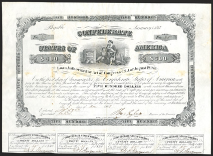 Act of August 19, 1861. $500. Cr. 53, B-43. No. 35. Vignette of a woman seated with three children looking at a safe inscribed Confederate States Treasury. Signed by Tyler. 4
coupons. Weakness of engraving at upper left. Foxing at center