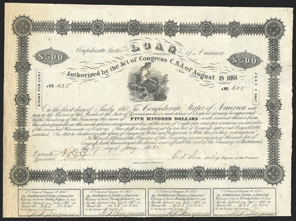 Act of August 19, 1861. $500. Cr. 54, B-46. No. 425. As previous. Signed by Jones. 5 coupons below. Edge and fold wear, toning along left edge, scant foxing, VF. From The
Holger Dreher Collection