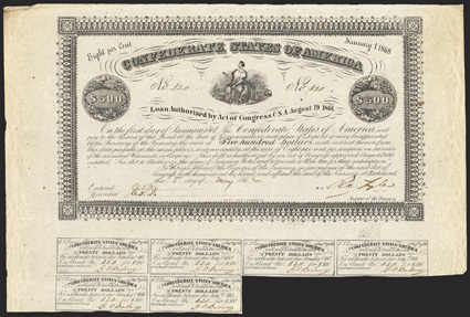 Act of August 19, 1861. $500. Cr. 55, B-49. No. 320. Vignette of Commerce seated on a cotton bale with a ship and a train in the background. Signed by Tyler. 6 coupons below.
Hoyer & Ludwig. Foxed, Edge wear, especially at upper left, VF<