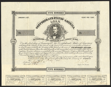 Act of August 19, 1861. $500. Cr. 59, B-65. No. 946. C.G. Memminger. Signed by Tyler. 12 coupons below. No imprint. Folds, a strong VF. From The Holger Dreher
Collection