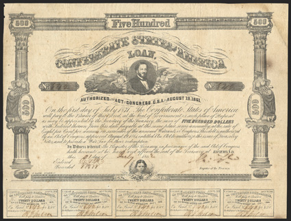 Act of August 19, 1861. $500. Cr. 60. Criswell Plate Bond. B-68. No. 842. Vignette of J. P. Benjamin supported by Agriculture and Commerce, ships and factories in the
background, top center. Childs head at bottom. Signed by Tyler. 13 coupo