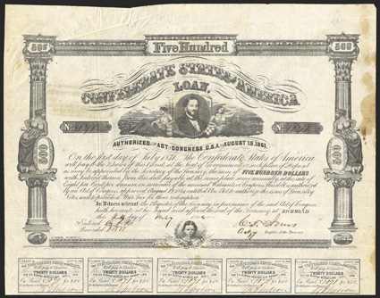Act of August 19, 1861. $500. Cr. 60, B-68. No. 1071. As previous. Signed by Jones. 13 coupons below. Staining along right margin and bottom, creases, very strong Fine. From
The Holger Dreher Collection