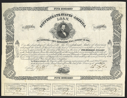 Act of August 19, 1861. $500. Cr. 61, B-74. No. 1276. Judah P. Benjamin, center. Dog with safe and key, bottom. Signed by Tyler. 16 coupons below. B. Duncan. Very light toning,
VF+. From The Holger Dreher Collection