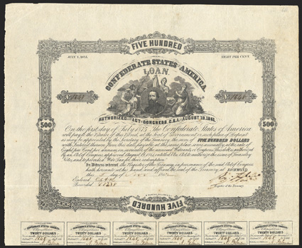 Act of August 19, 1861. $500. Cr. 66, B-93. No. 1648. Unidentified portrait of a gentleman, surrounded by three allegorical females. Signed by Tyler. 3 coupons missing, 23
coupons remain. B. Duncan. Stamped 171 on verso. Foxed, fold and e